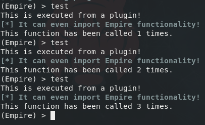 The output of a test command added to Empire by the example plugin
