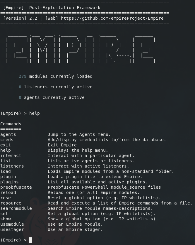Empire's help output immediately after starting Empire on the command line