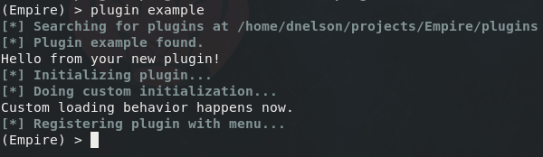 The output of Empire's plugin command being run with a plugin named example, which loads the plugin and displays loading output