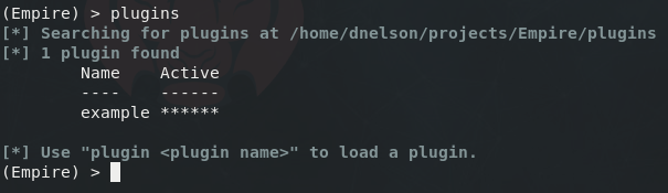 The output of Empire's plugins command showing a list of available plugins, with the example plugin active