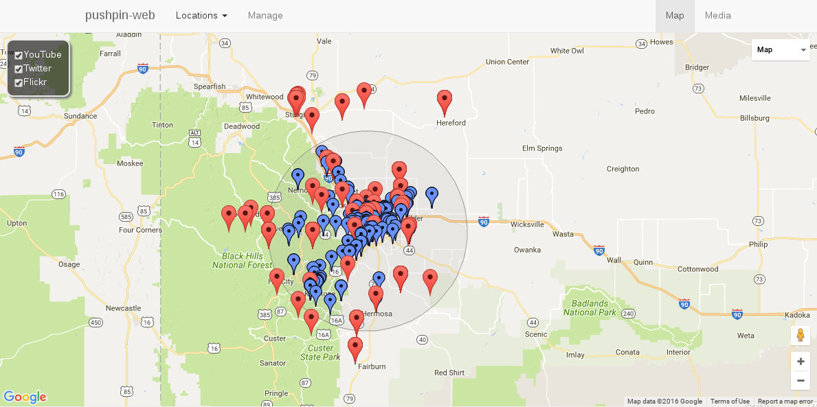a screenshot of pushpin-web's interface showing pins representing social media around Rapid City South Dakota